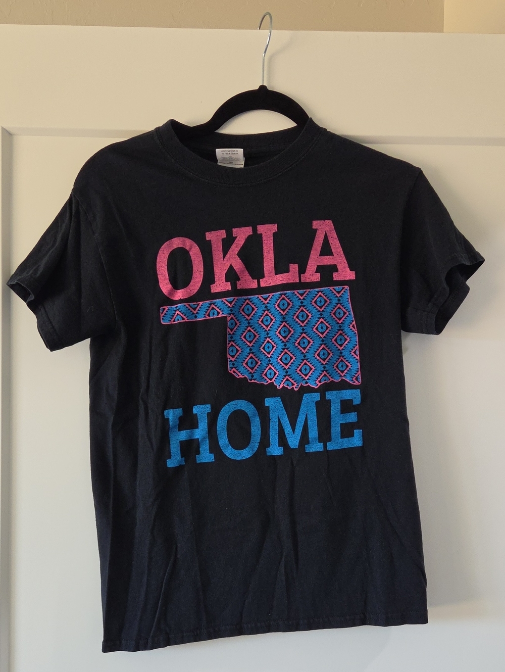 OKLA HOME Graphic Tee in Black with Pink & Blue Print